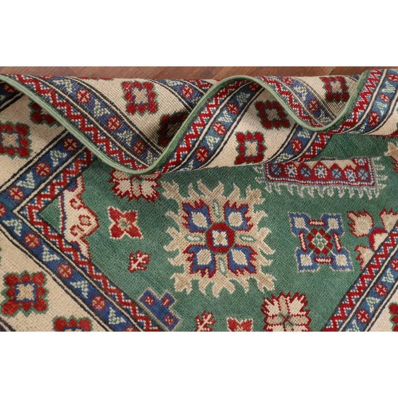 Green Geometric Kazak Foyer Rug Hand-Knotted Wool Carpet - 3'3" x 4'10"