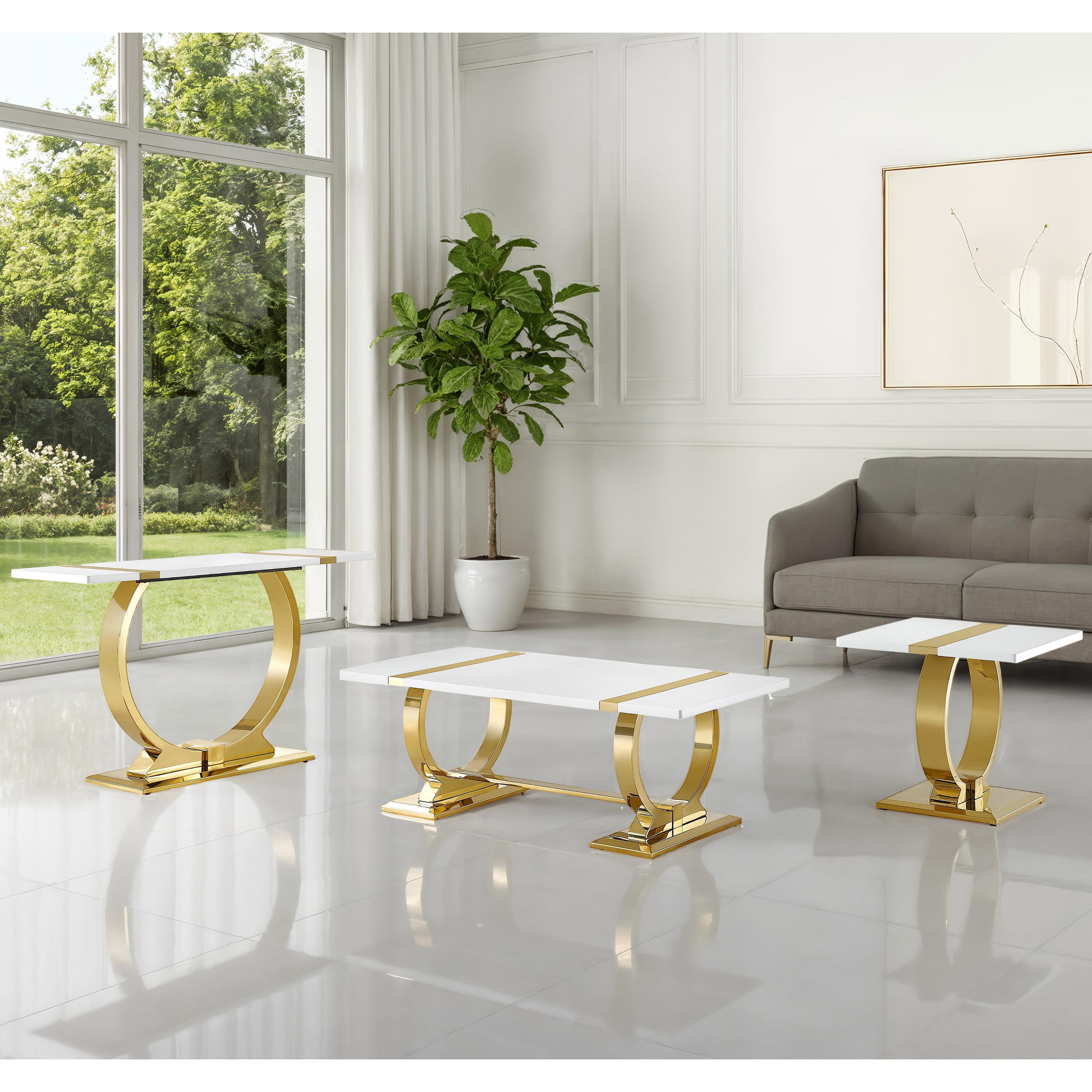 Furniture of America Carra Modern 3-Piece Stainless Steel O-Shaped Trestle Base Coffee Table Set