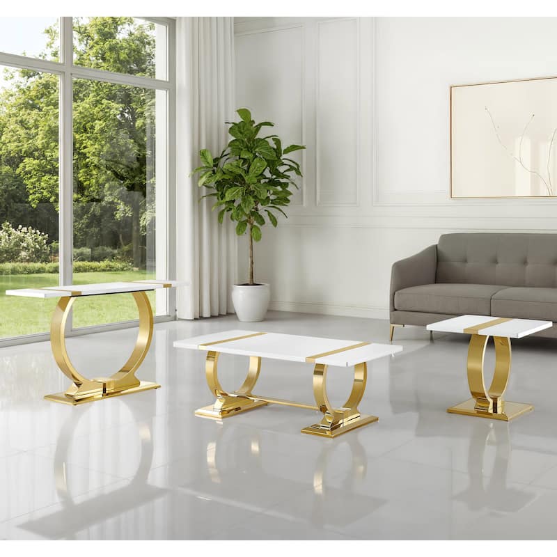 Furniture of America Carra Modern 3-Piece Stainless Steel O-Shaped Trestle Base Coffee Table Set - Whie/Gold