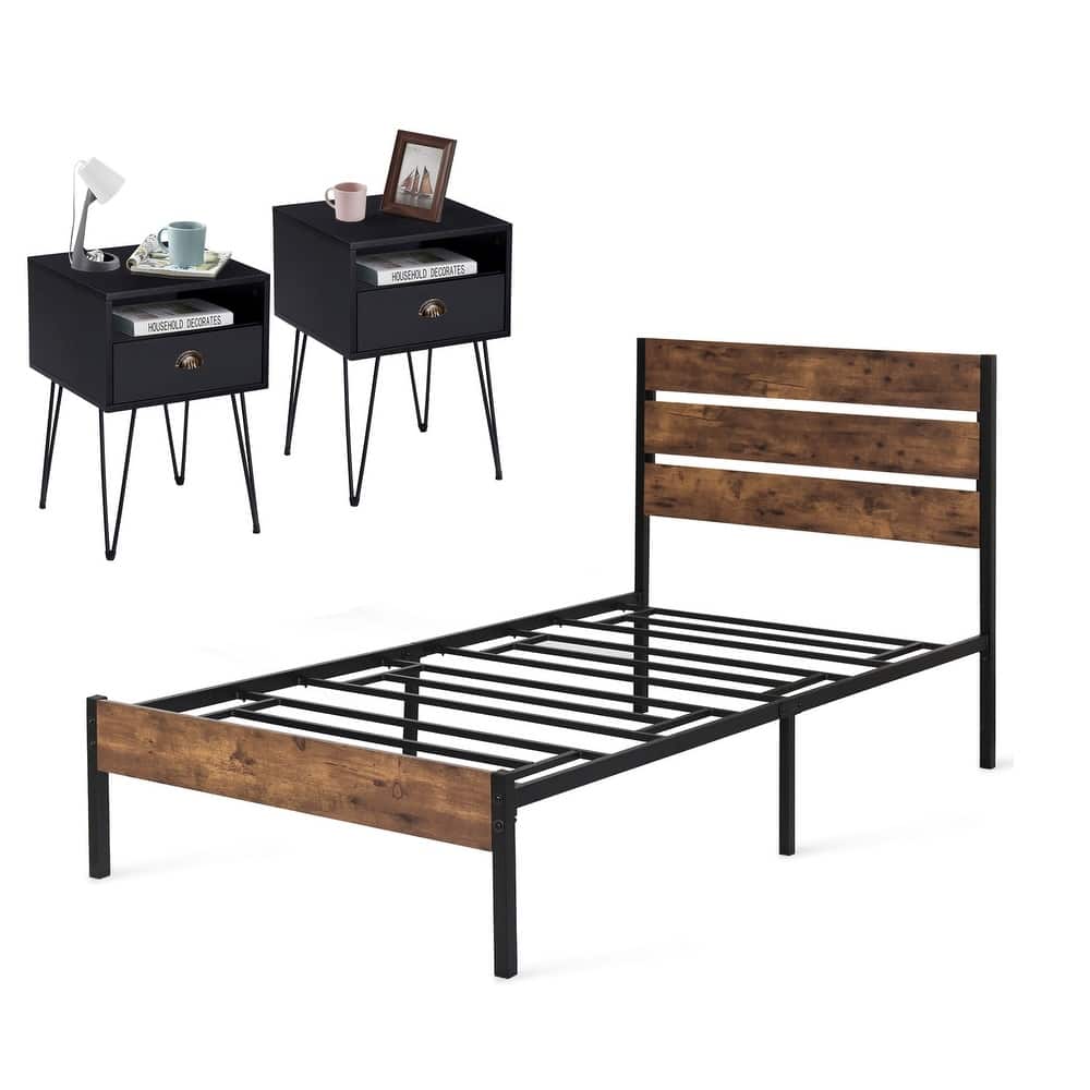 3-Pieces Bedroom Set with Rustic Brown Platform Bed Frame and Nightstands Set of 2