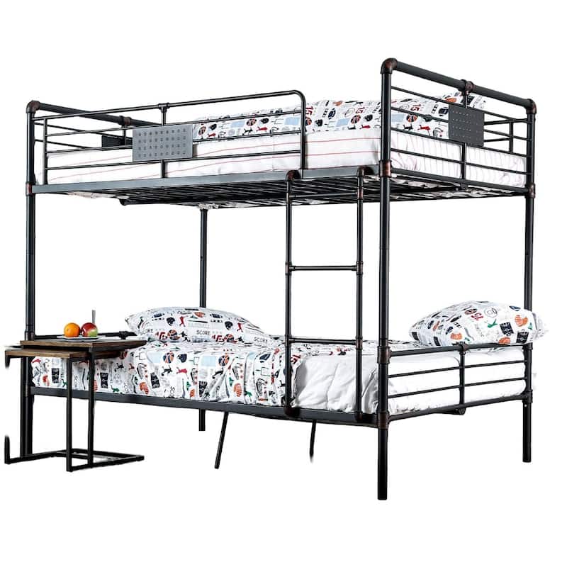 Full Over Full Metal Bunk Bed with Attached Ladder, Antique Black, Industrial Style