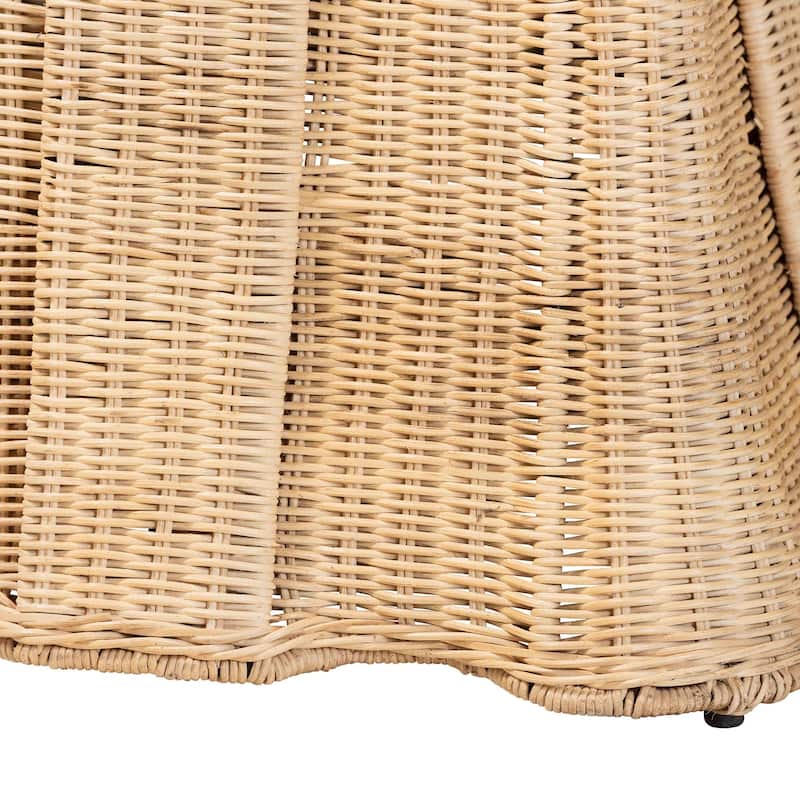 Rotem Natural Rattan Ottoman with Cushion - Handwoven Wicker Pleated Skirt Accent Coffee Table or Extra Seating for Living Room