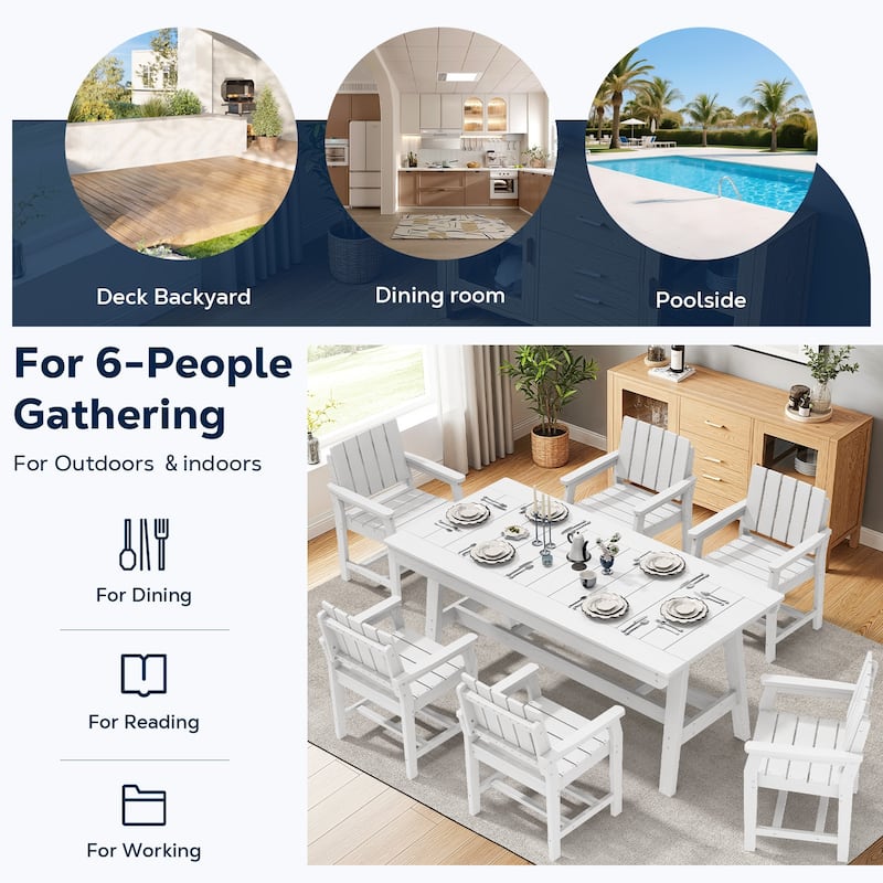 7-Piece HDPE Outdoor & Indoor Dining Set, Rectangular 67.91in W Table with Umbrella Hole and 6 Chairs Set of 7, Wood-Look Finish