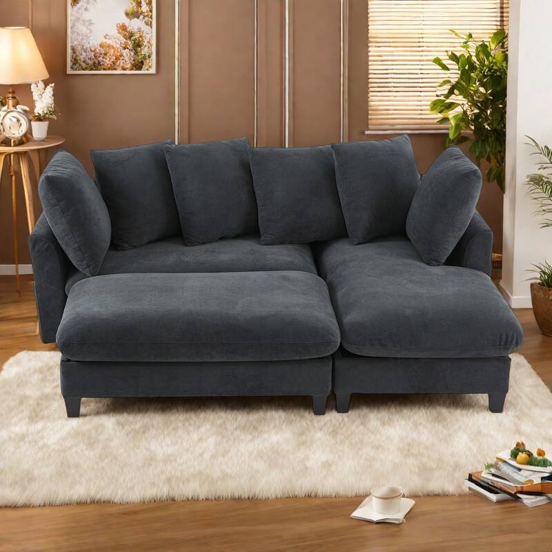 83" Chenille L-Shaped Sectional Sofa with Storage Ottoman and 6 Throw Pillows - Black