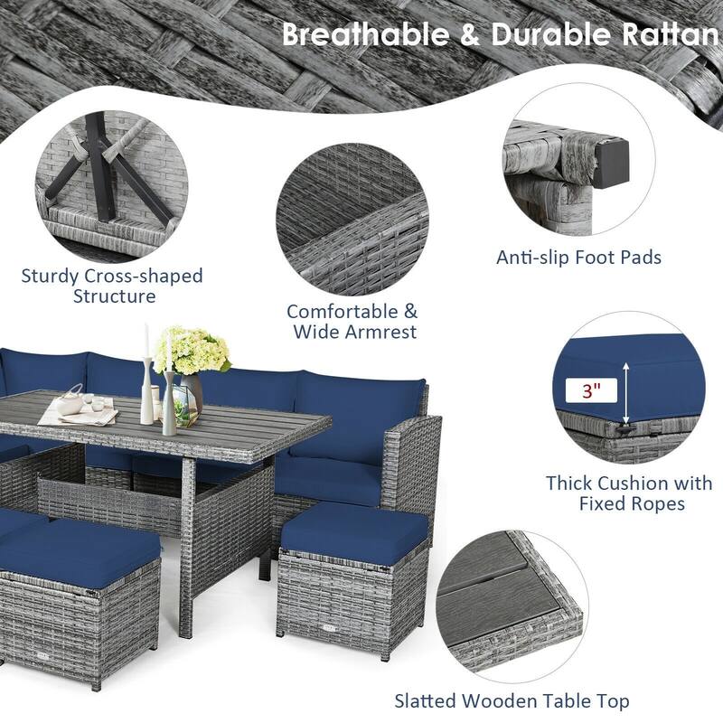 7 Pcs All-Weather Patio Rattan Dining Furniture Sectional Sofa Set with Wicker Ottoman and Cushed Couch