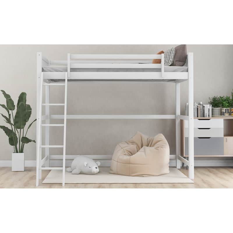 Modern Simple Style Twin Size Solid Pine Wood Loft Bed with Full Length Guardrail and Inclined Ladder