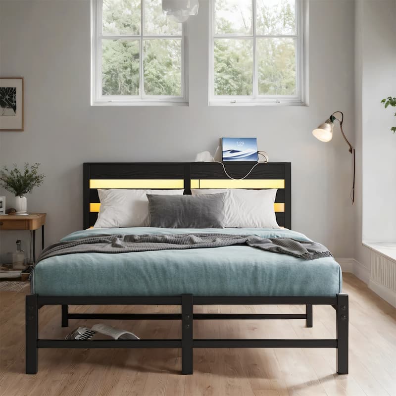 Full Size Metal Platform Bed with RGB Lights,Outlets and Charger