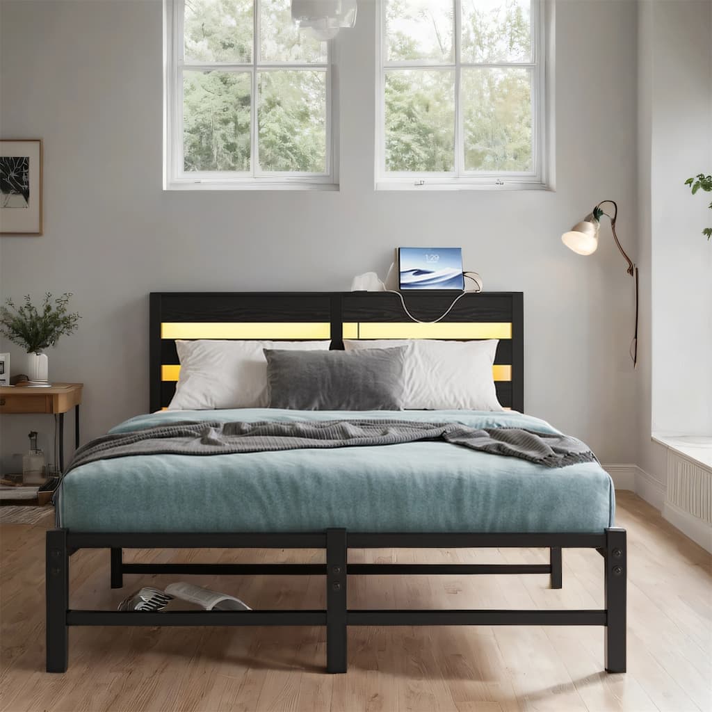 Full Size Metal Platform Bed with RGB Lights,Outlets and Charger