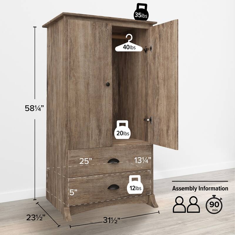 Porch & Den Commerce Black 2-drawer Armoire - 31.5" W x 58.75" H x 22" D