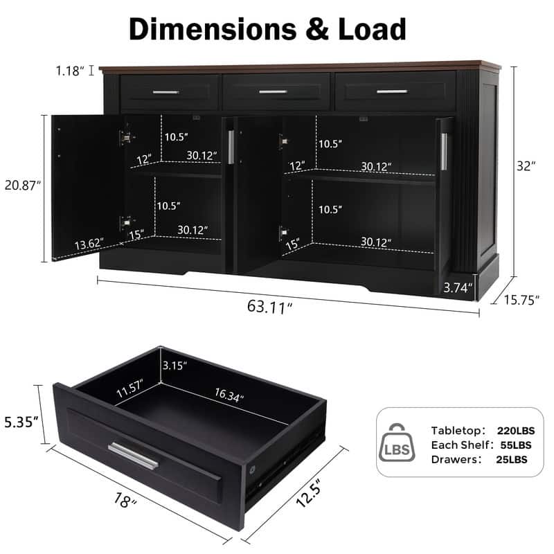 63" Sideboard Buffet Cabinet with Storage and Adjustable Shelves for Stylish Home Organization