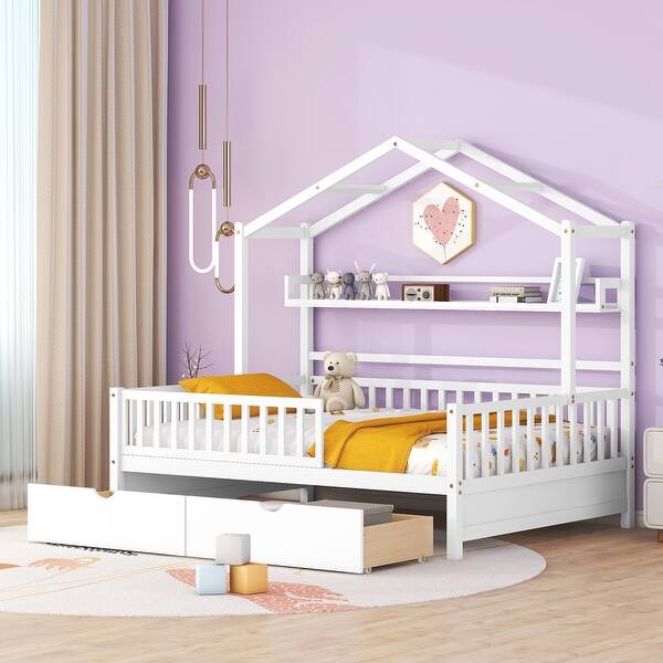 slide 2 of 12, Full Pine House Bed with Roof, Drawers, and Shelf White