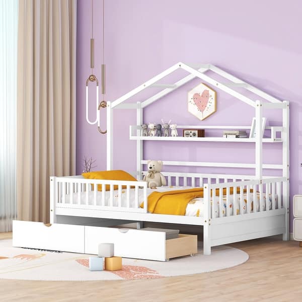 slide 2 of 18, Wooden Full Size House Bed with 2 Drawers,Kids Bed with Storage Shelf White