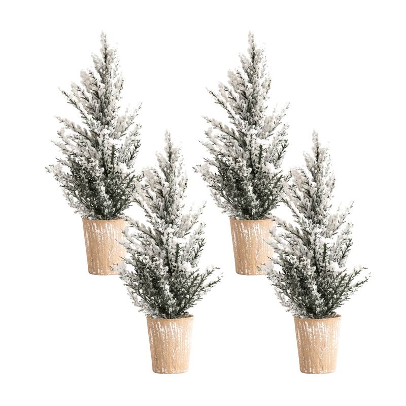Potted Snowy Pine Tree (Set of 4) - Green - Green
