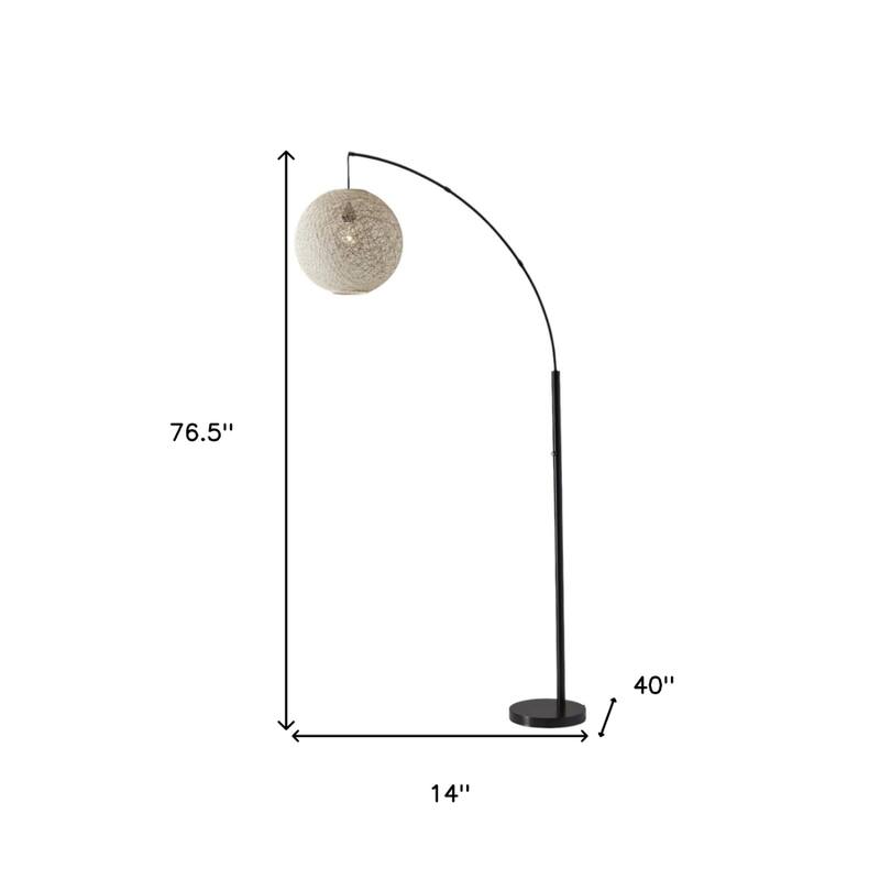 77" Modern Arc Floor Lamp with Rattan String Globe Shade Black Cord 3-Way Switch for Living Room - 76.5”H x 14”W x 40”D