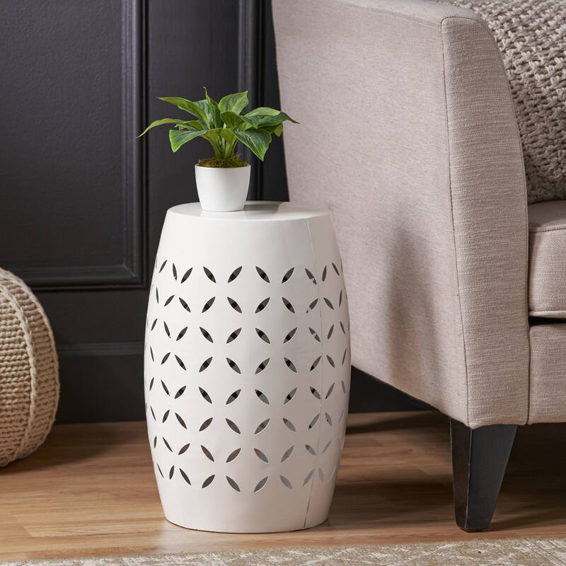 12.25" Modern Round Side Table with Barrel Structure and Iron-cut Design for Living Room or Bedroom
