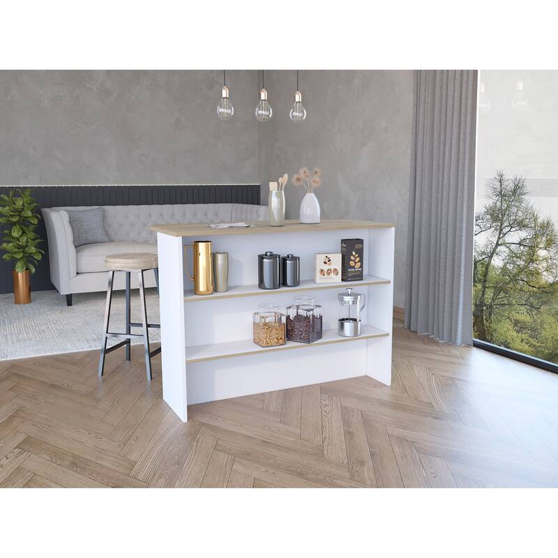 Kitchen Island with Two-Tier Storage Shelf and Ample Workstation, White / Light Pine