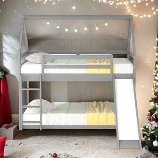 Twin Size Bunk House Bed with Slide and Ladder,House Shape Bunk bed with Slide