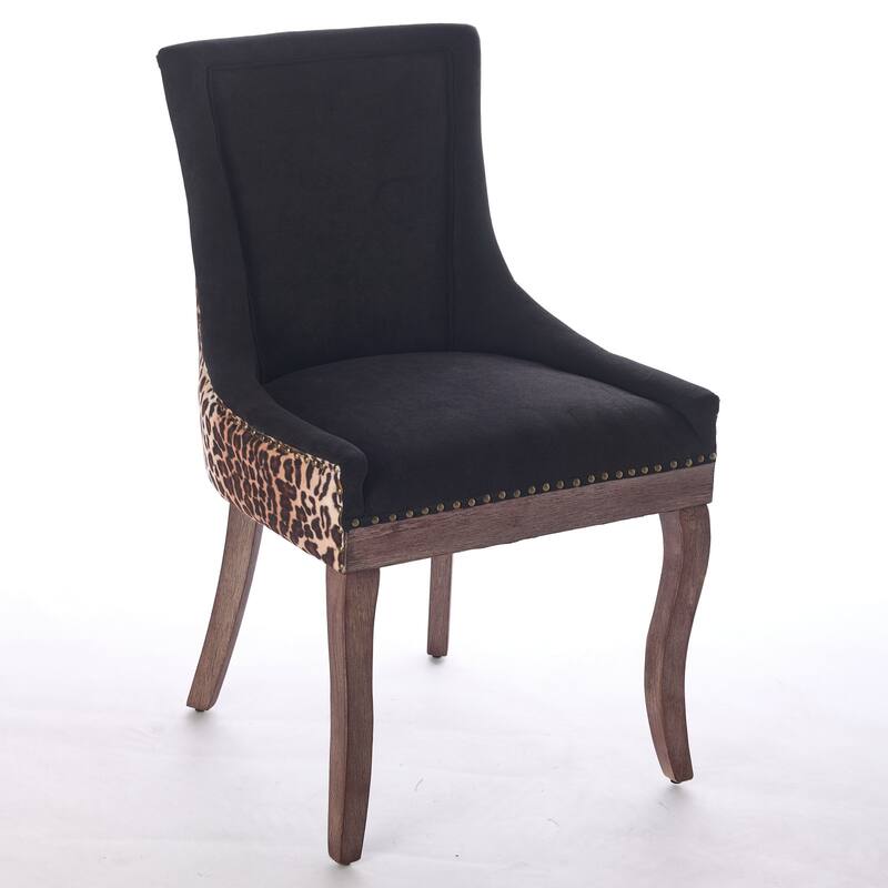 Furniture,Ultra Side Dining Chair, Thickened fabric chairs with neutrally toned solid wood legs, Bronze nail head, Set of 2 - Leopard
