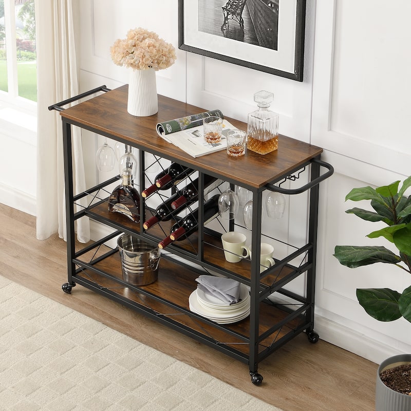Myhozm Mobile Bar Cart Rolling Kitchen Serving Cart with Wine Bottle Rack