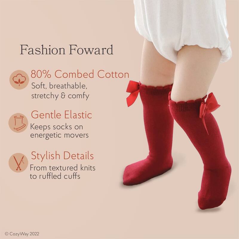 CozyWay Toddler Knee High, Bow style, Black/White/Gray/Pink/Red - 5 pair
