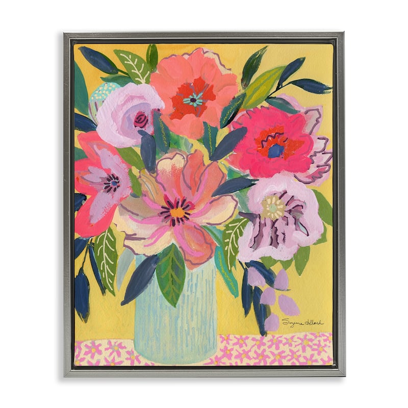 Stupell Vibrant Pink Bouquet on Yellow Framed Floater Canvas Wall Art Design By Suzanne Allard - 25 x 31 - Grey