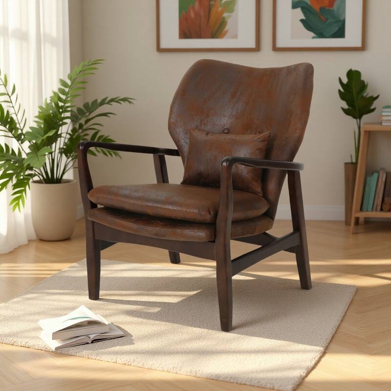 Fabric Mid-Century Club Chair with Wood Frame and Tufted Back - Brown
