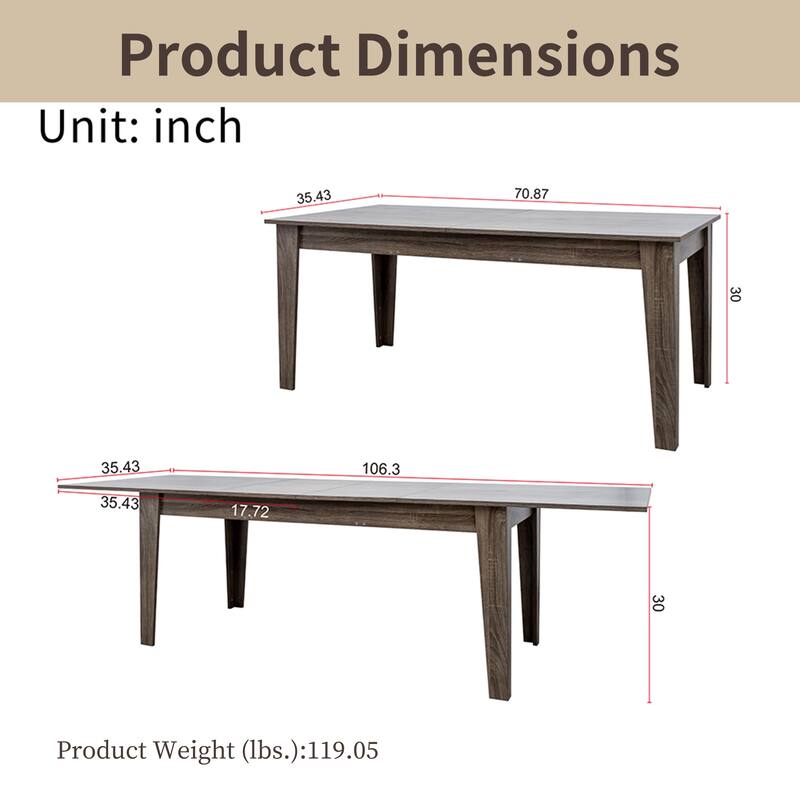 106.3" Extendable Dining Table, Woodgrain,Space-Saving,110LBS Capacity