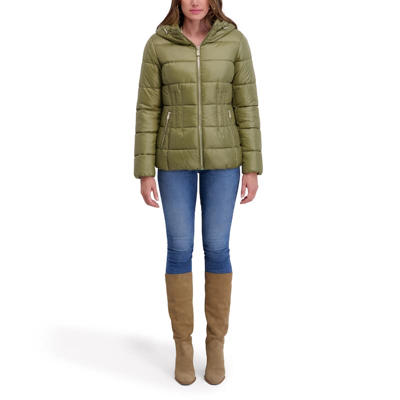 Kensie Quilted Hood Short Puffer Jacket - Basil - M