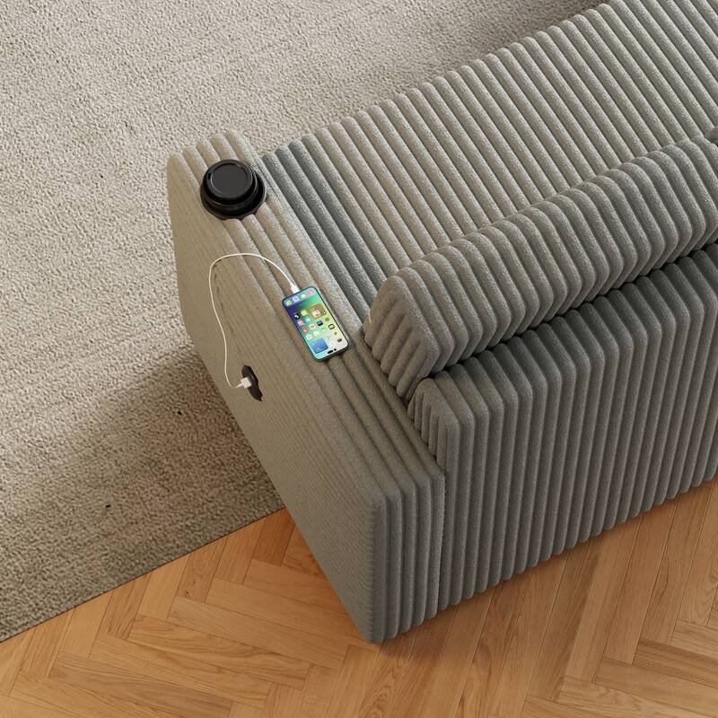 Pull-Out Sofa Bed with Storage Chaise, USB Port, and Cup Holders - 3-Seater Sleeper Couch