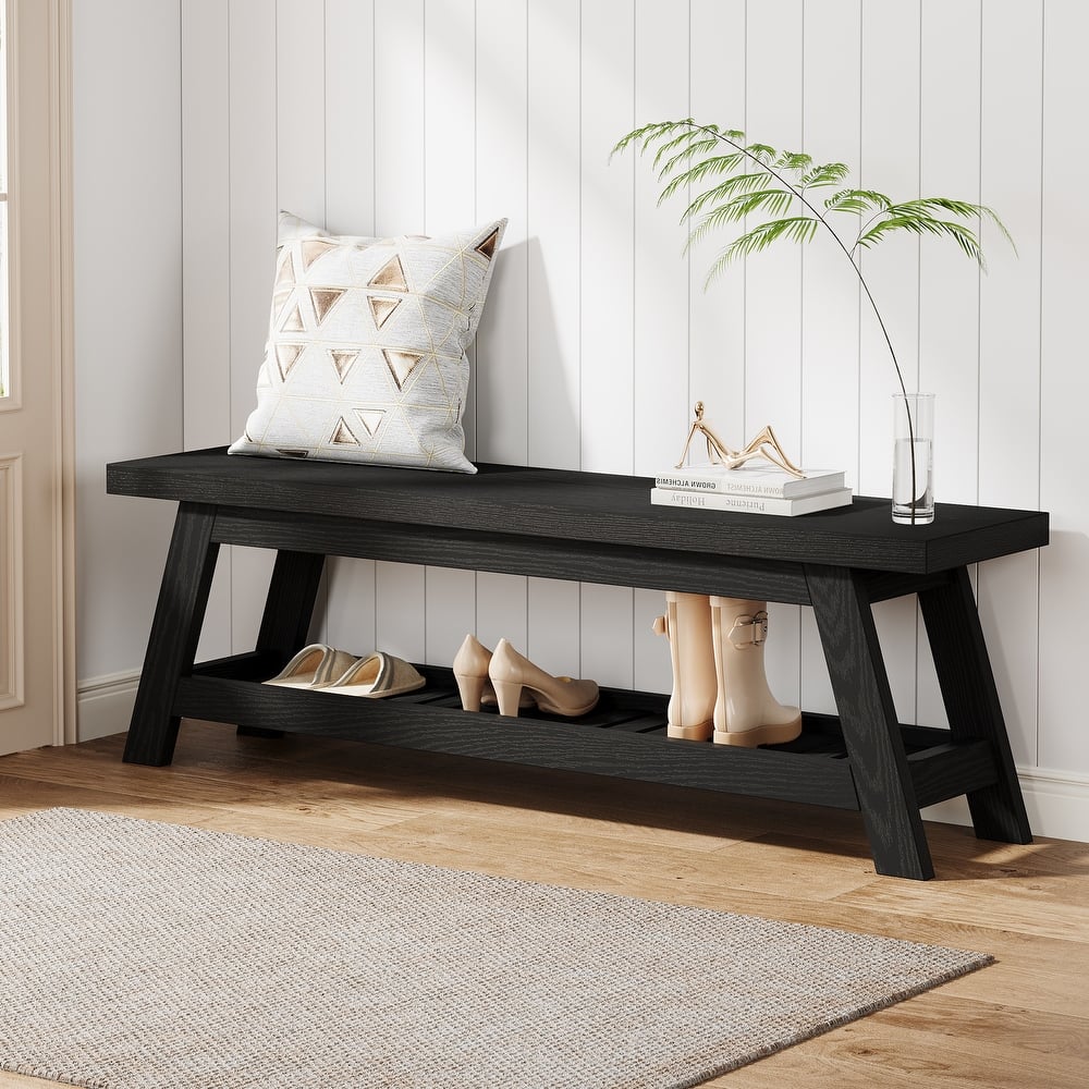 55" Entryway Bench with Shoe Storage, Large 2-Tier Foyer Bench