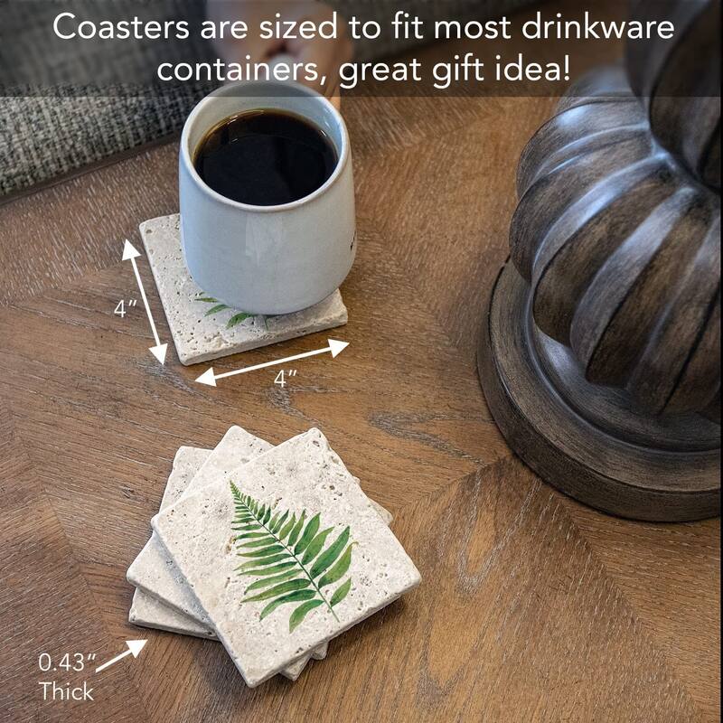 Fern Study 4 Pack Natural Travertine Absorbent Stone Coasters with Protective Cork Backing Manufactured in The USA