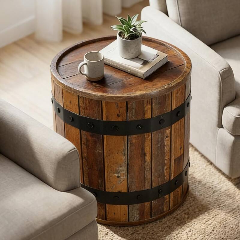 Barrel End Table with Hidden Storage, 19.68" Round Side Table with Removable Lid, Sofa Side Bedside Nightstand for Living Room