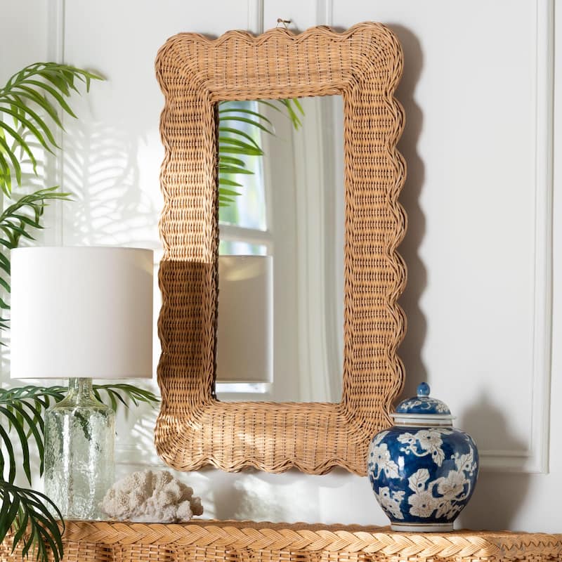 Makoto Scalloped Natural Rattan Wall Mirror - Handwoven Wicker Oval Frame, Boho Coastal Accent Decor for Entryway or Bedroom - Honey - Rectangle