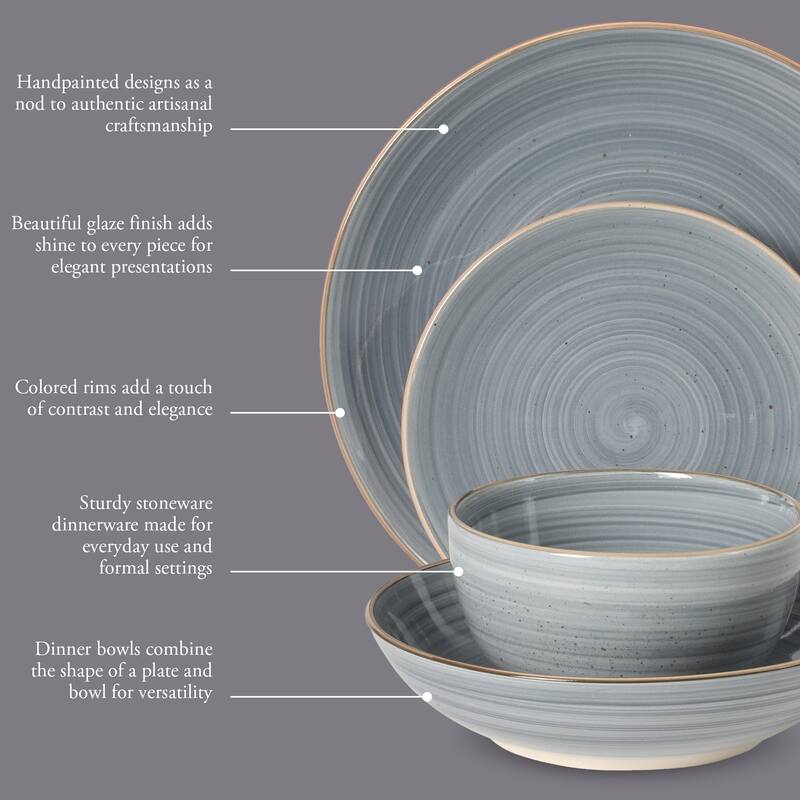 Gibson Home Stonebury 16 Piece Plates and Bowls - Handpainted Stoneware Dinnerware Set - Service for 4