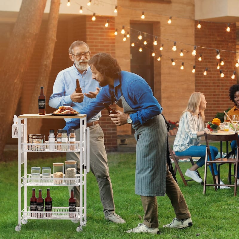 Moasis Wood Rolling Kitchen Cart with Wooden Tabletop and Mesh Baskets