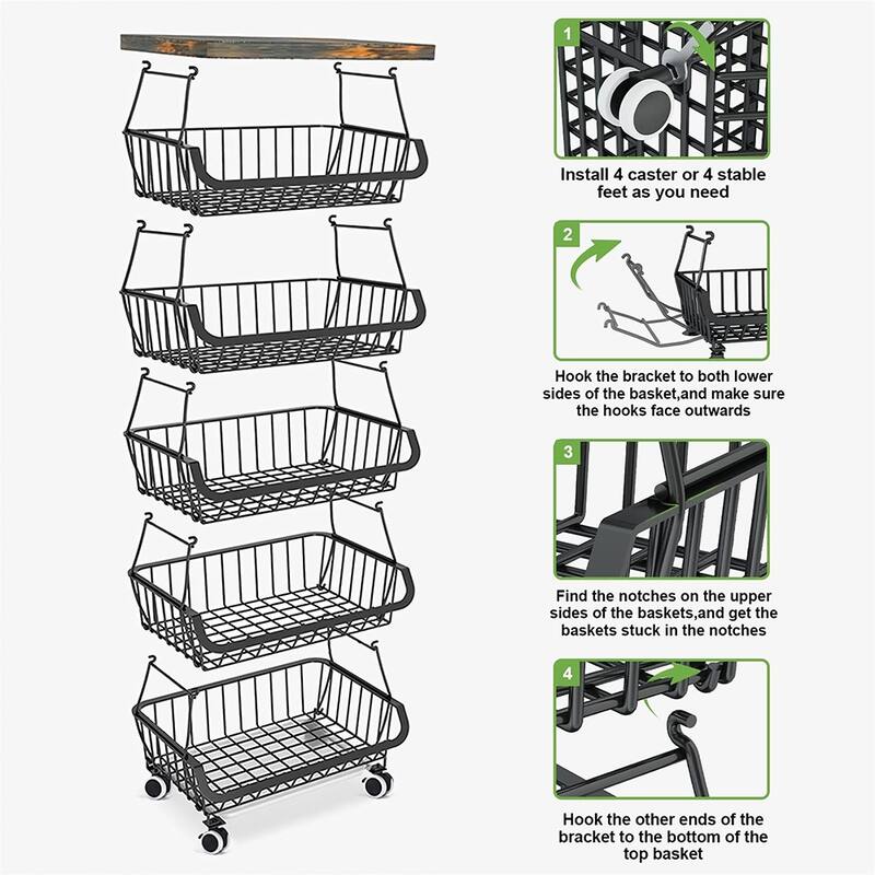5/6-Tier Stackable Fruit Basket, Rolling Metal Cart with Wheels