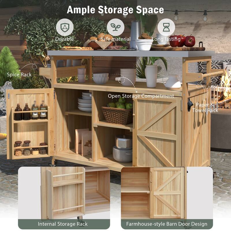Chichoice Farmhouse Outdoor Kitchen Island with Stainless Steel Top on Wheels - Rolling Grill Cart with Storage for BBQ - N/A