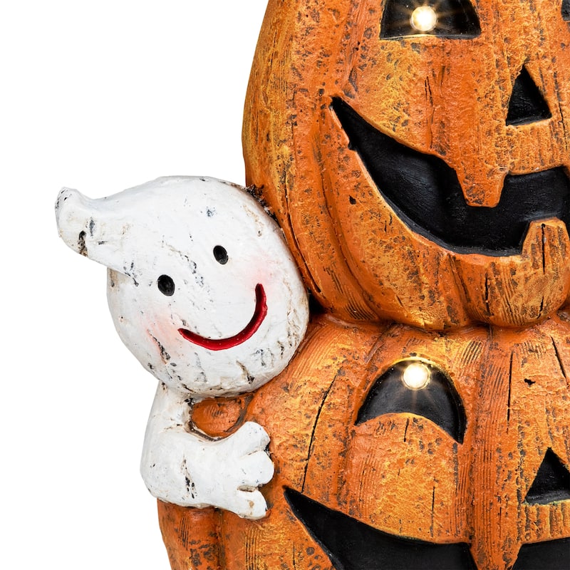 Lighted Stacked Jack-O-Lanterns with Ghost and Black Cat Halloween Decoration - 20" - LED Clear Lights