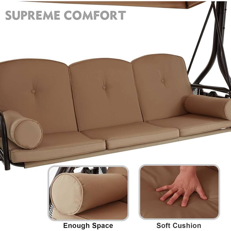 Outdoor 3-Seat Porch Swing with Adjustable Canopy & Cup Holder,Porch Swing Glider Chair, Heavy-Duty Steel Frame