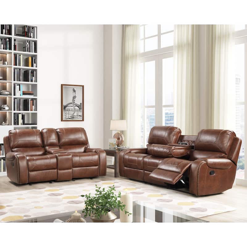 Roundhill Furniture Achern Leather-Air Nailhead Trim Manual Reclining Sofa and Loveseat