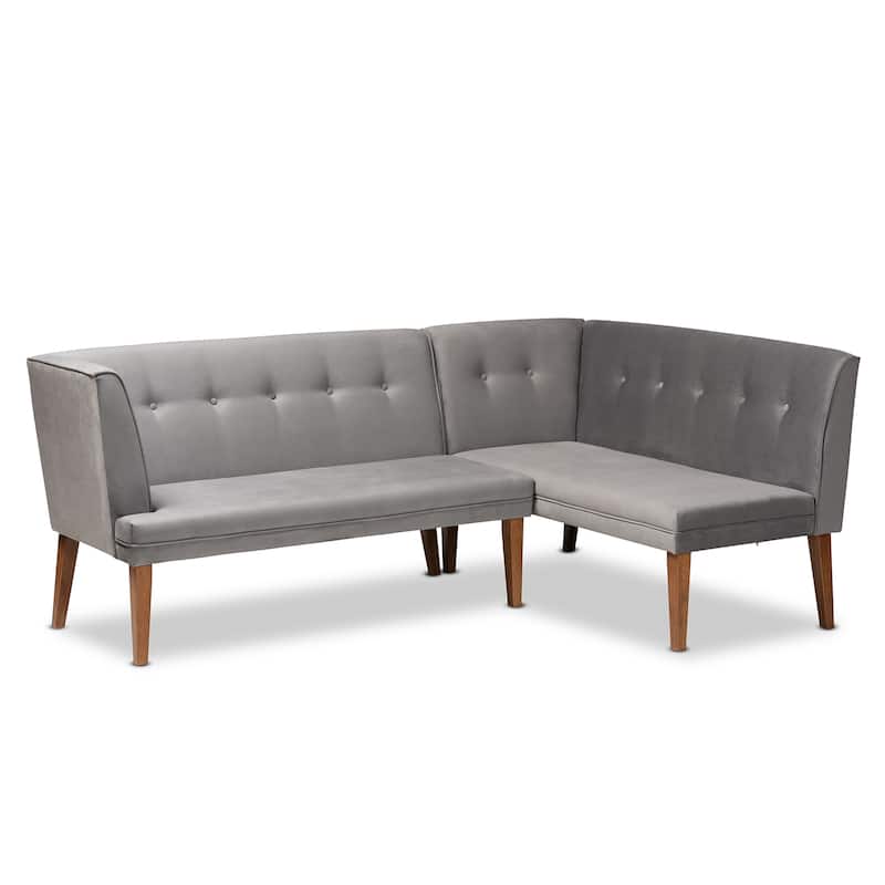 Stewart Mid-Century Velvet Dining Nook Banquette Set(2PC)-Grey - Grey, Walnut Brown