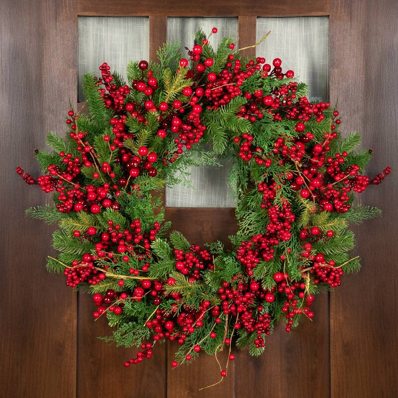 Cedar Pine and Red Berries Artificial Christmas Wreath - 28" - Unlit