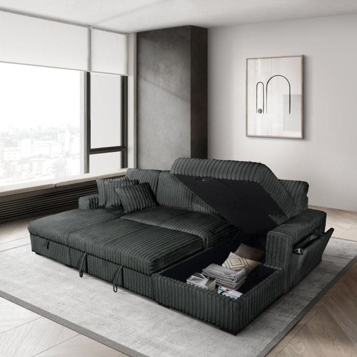 Modern U-Shaped Sectional Sofa Bed with Storage Chaises, USB Port, Wireless Charger and Pillows
