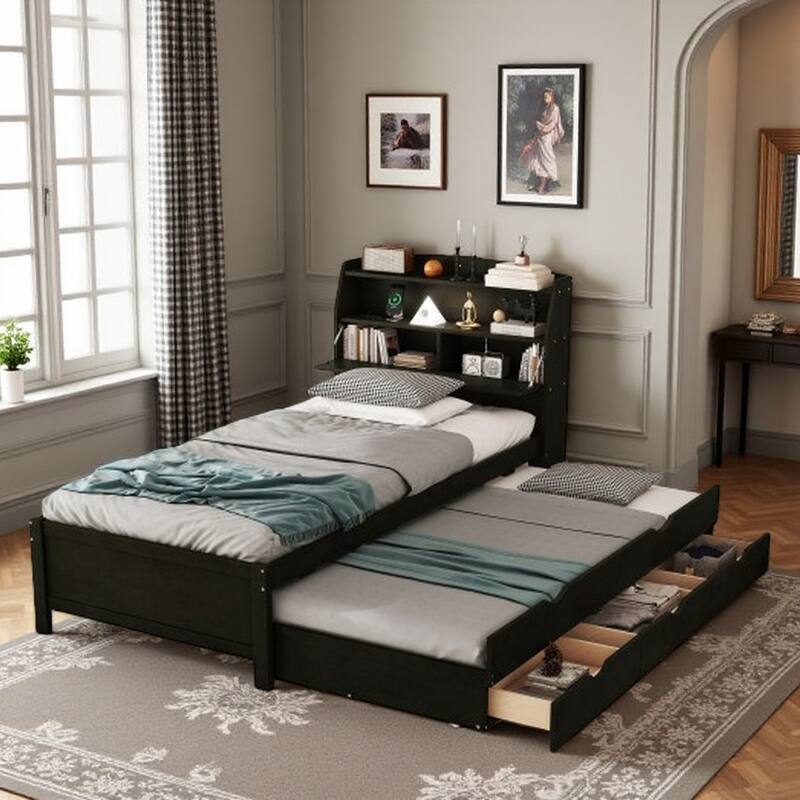 Full Platform Bed with Pull-Out Trundle, LED Headboard Lighting, USB Charging Ports, Flip-Up Storage, and Under-Bed Drawers