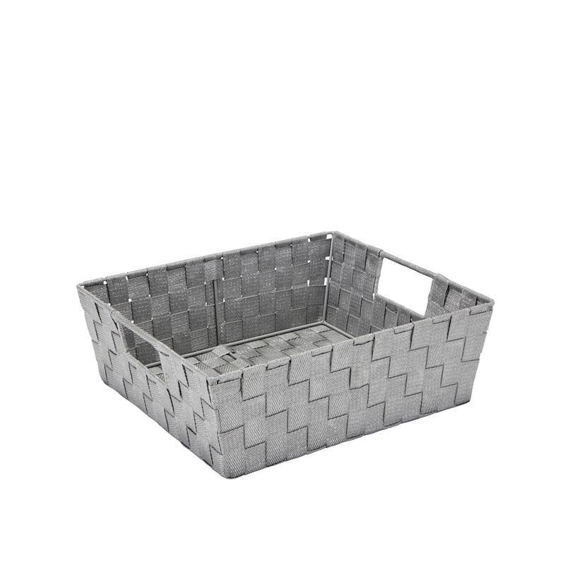 Simplify Large Lurex Striped Woven Storage Shelf Bin in Grey/Silver - 13" x 15" x 5"