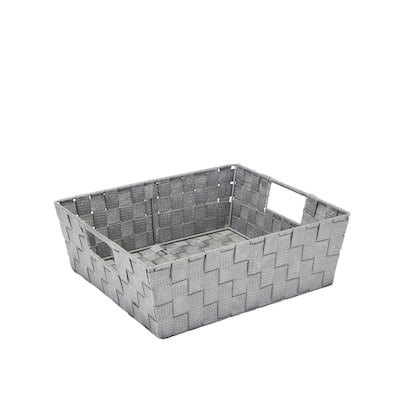 Simplify Large Lurex Striped Woven Storage Shelf Bin in Grey/Silver - 13" x 15" x 5"