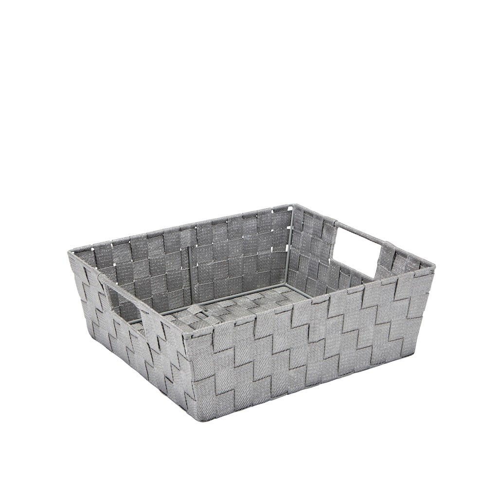 Simplify Large Lurex Striped Woven Storage Shelf Bin in Grey/Silver - 13" x 15" x 5"