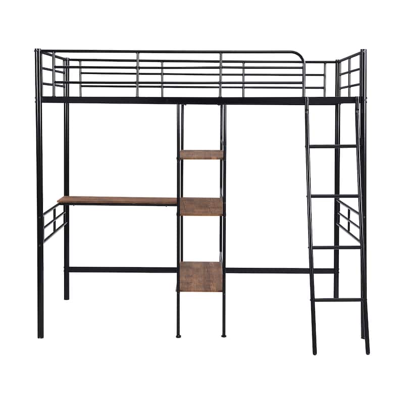 Twin Size Metal Loft Bed and Built-in Desk and Shelves for Kids, Boys and Girls