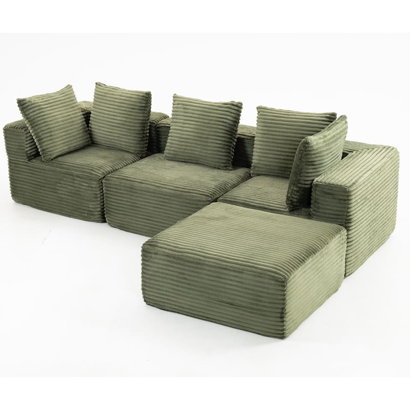 Floor Standing Deep Seat Sofa Corduroy Modular L-shaped Sectional Sofa with Chaise Lounge Compressed Sofa with Ottoman