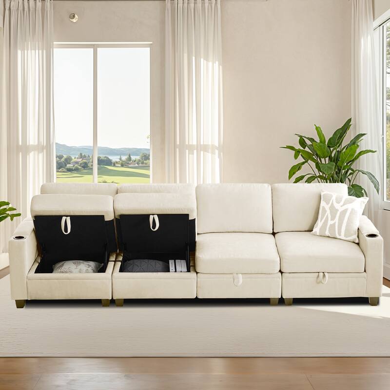 Chenille Sectional Sofa, Hidden Storage & Modular Design
